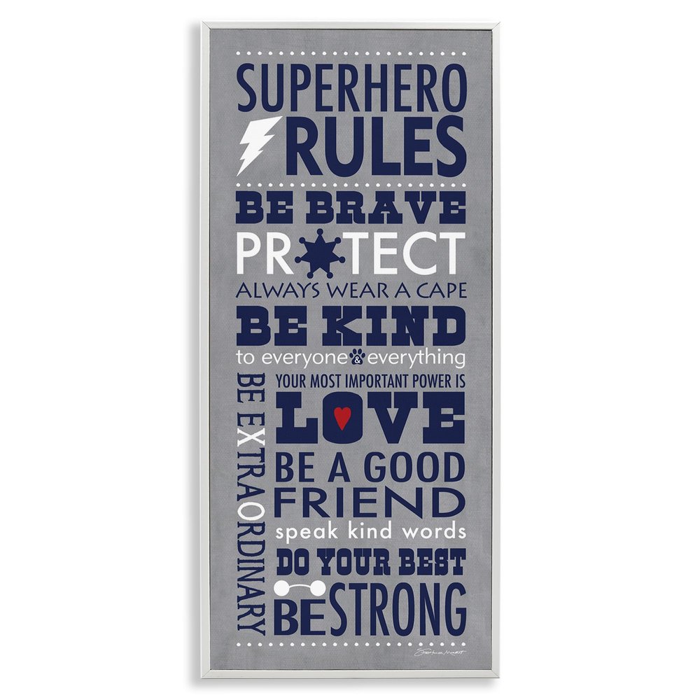 Stupell Industries Grey and Navy Superhero Rules Typography, Design by Stephanie Workman Marrott White Framed Wall Art, 13 x 30