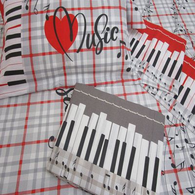 Double bed set MUSIC AND HEARTS Colour: Grey-Red 100% Cotton Natural Fiber MADE IN ITALY MAXI Sizes New 2021!!!! (Red)