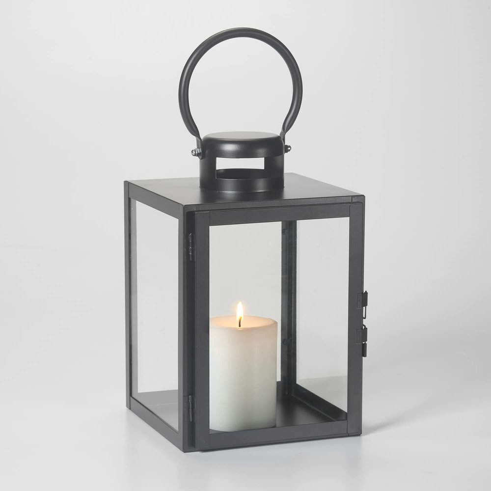 Smart Living Huntington Black Metal and Glass Candle Holder Lantern with Hanging Hook 84137
