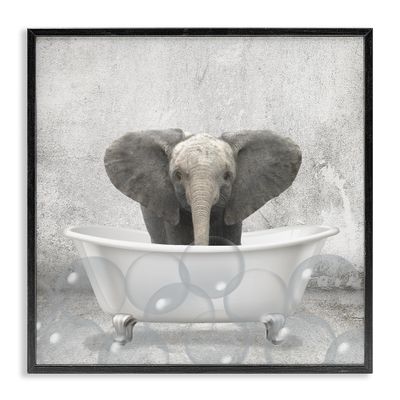 Stupell Industries Baby Elephant Bath Time Cute Animal Design Wall Art, 17x17, Black Framed