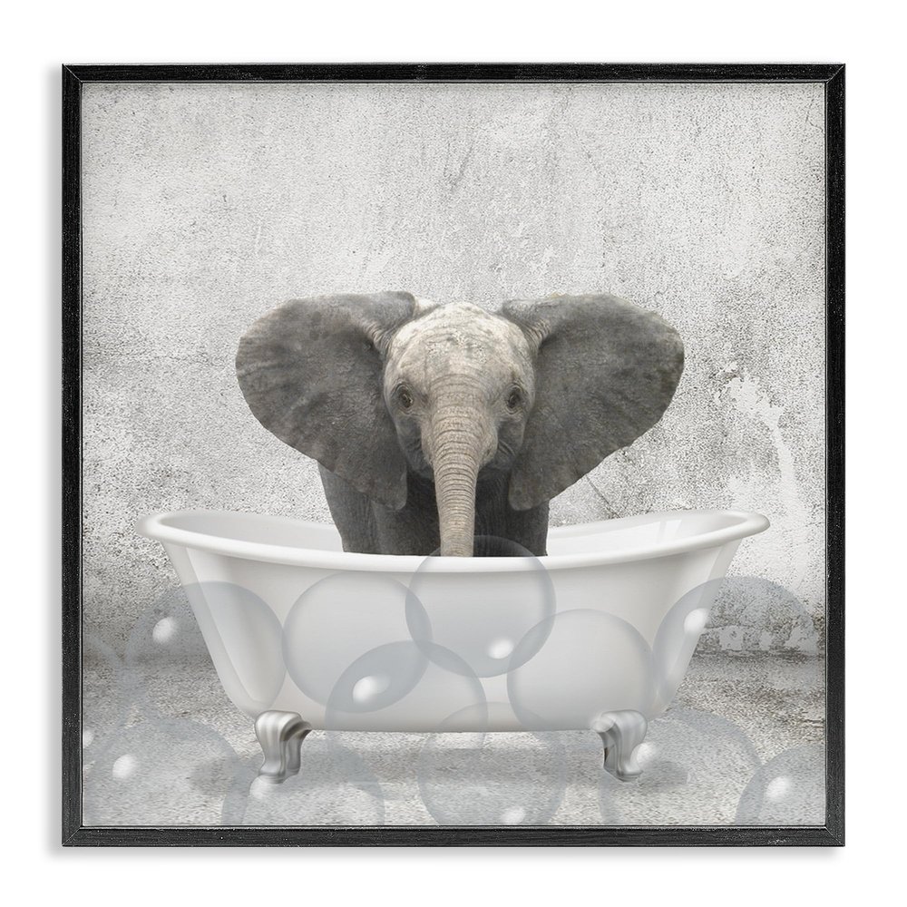 Stupell Industries Baby Elephant Bath Time Cute Animal Design Wall Art, 17x17, Black Framed