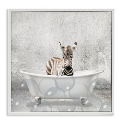 Stupell Industries Baby Zebra Bath Time Cute Animal Design Wall Art, 17 x 17, White Framed