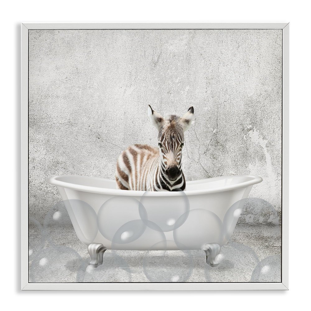Stupell Industries Baby Zebra Bath Time Cute Animal Design Wall Art, 17 x 17, White Framed