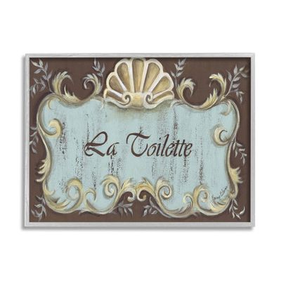 Stupell Industries La Toilette Aqua and Brown Scallop Shell Crest, Design by Bonnie Wrublesky Gray Framed Wall Art, 16 x 20