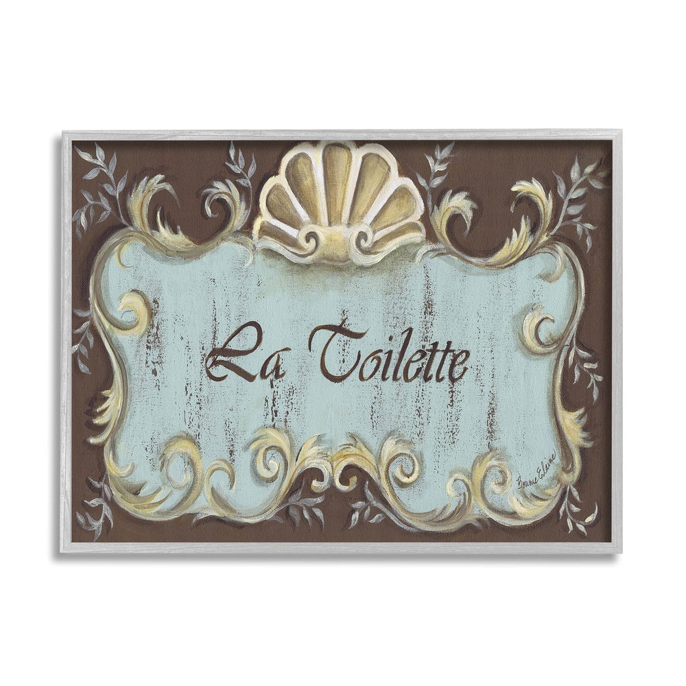 Stupell Industries La Toilette Aqua and Brown Scallop Shell Crest, Design by Bonnie Wrublesky Gray Framed Wall Art, 16 x 20