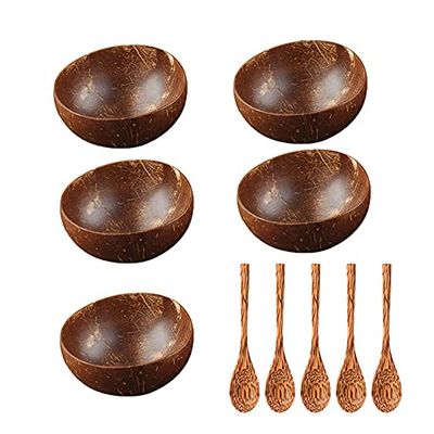 12-15cm Natural Coconut Bowl protection wooden bowl Coconut Wood tableware Spoon Set coco smoothie Coconut Kitchen Environmental (5 spoon 5 bowl)