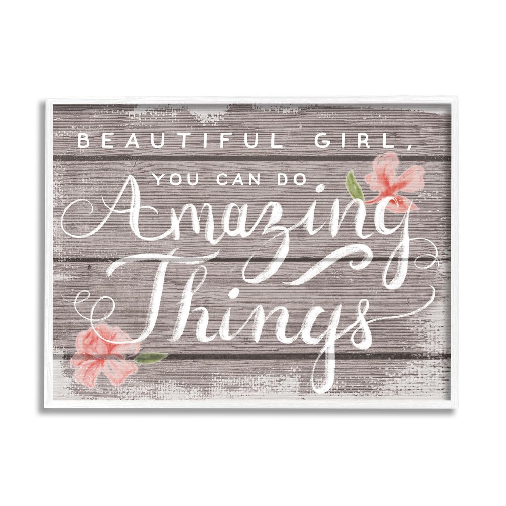 Stupell Industries 'Beautiful Girl Inspirational Kids Flower Word Design', Framed Giclee Art, White, 20 x 16 Inches, Easy to Hang and Sturdy, Made in USA, by Lil' Rue