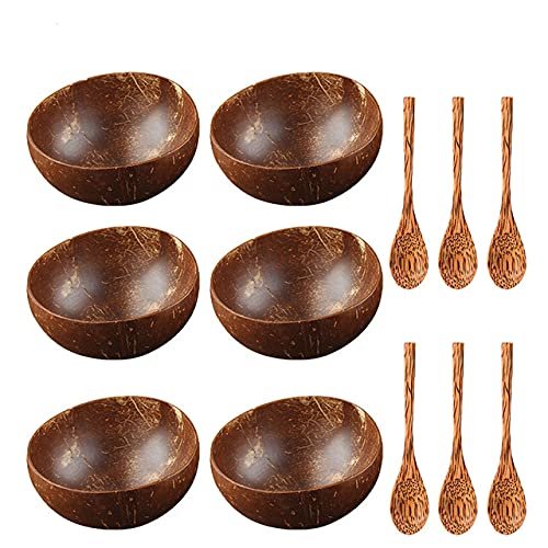 12-15cm Natural Coconut Bowl protection wooden bowl Coconut Wood tableware Spoon Set coco smoothie Coconut Kitchen Environmental (6 spoon 6 bowl)
