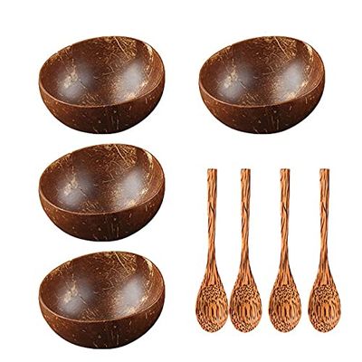 12-15cm Natural Coconut Bowl protection wooden bowl Coconut Wood tableware Spoon Set coco smoothie Coconut Kitchen Environmental (4 spoon 4 bowl)