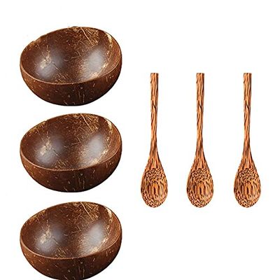 12-15cm Natural Coconut Bowl protection wooden bowl Coconut Wood tableware Spoon Set coco smoothie Coconut Kitchen Environmental (3 spoon 3 bowl)