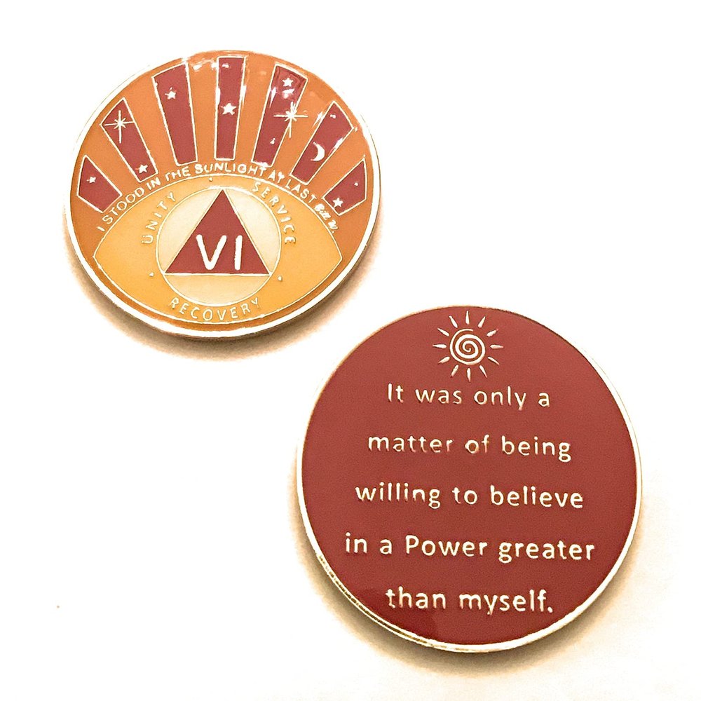 6 Year AA Medallion, I Stood in The Sunlight, Orange & Yellow Chip, Token, Coin