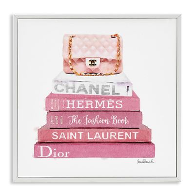 Stupell Industries Pink Book Stack Fashion Handbag Wall Art, 17 x 17, White Framed