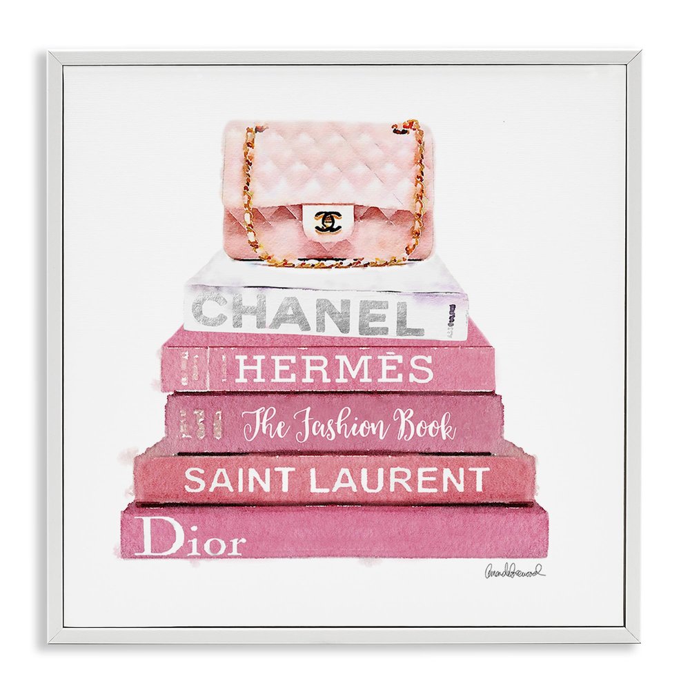 Stupell Industries Pink Book Stack Fashion Handbag Wall Art, 17 x 17, White Framed