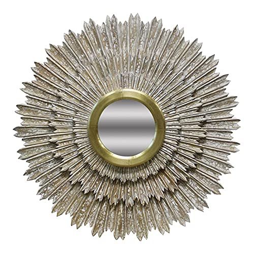 MOTI Falcon 44" Sunburst Mid-Century Wood Wall Decor with Mirror in Antique Gold