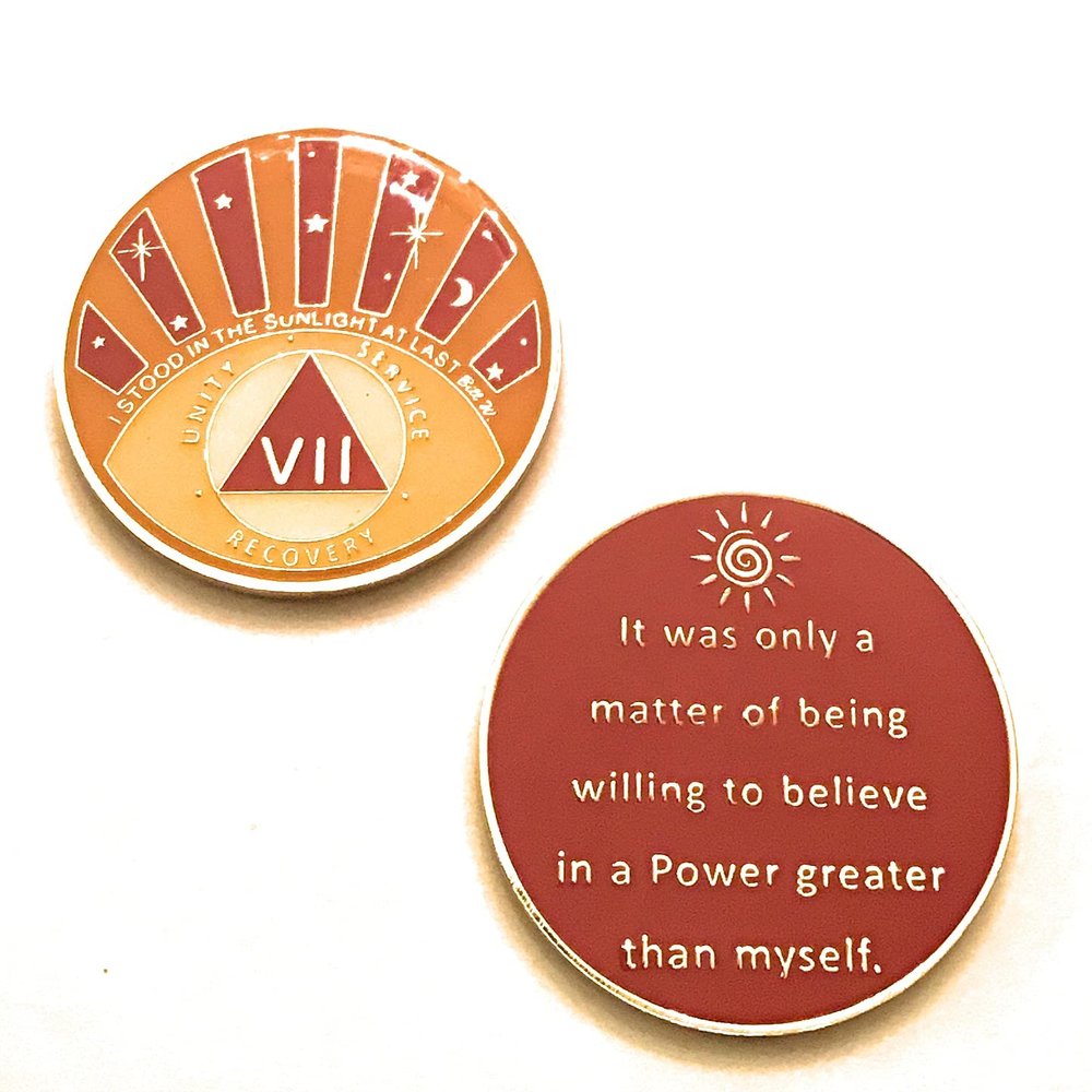 7 Year AA Medallion, I Stood in The Sunlight, Orange & Yellow Chip, Token, Coin