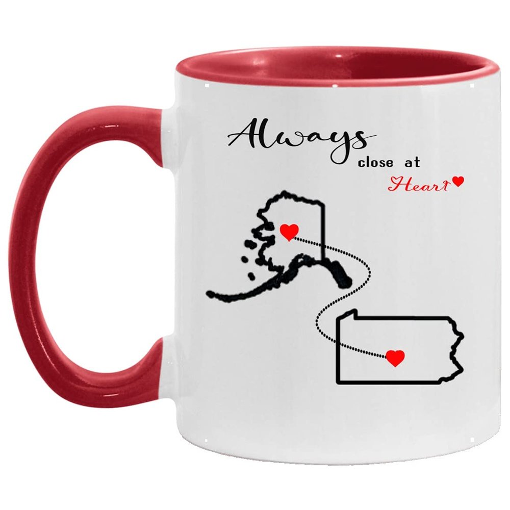 Long Distance Gift Alaska Pennsylvania Though We May Be Far Apart We Will Always Be Close At Heart Long Distance Mug State to State Mug State Map Gift Coffee Cup 11oz Red