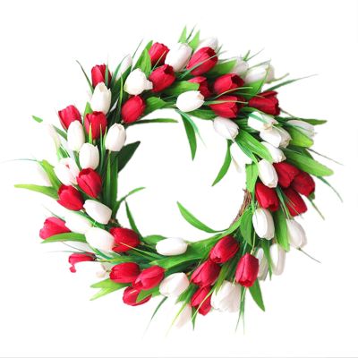 15.7 Inch Artificial Tulip Wreath, White and Red Flower Garland with Green Leaves Spring Summer Tulip Wreaths for Window Wall Hanging Wedding Home Decor