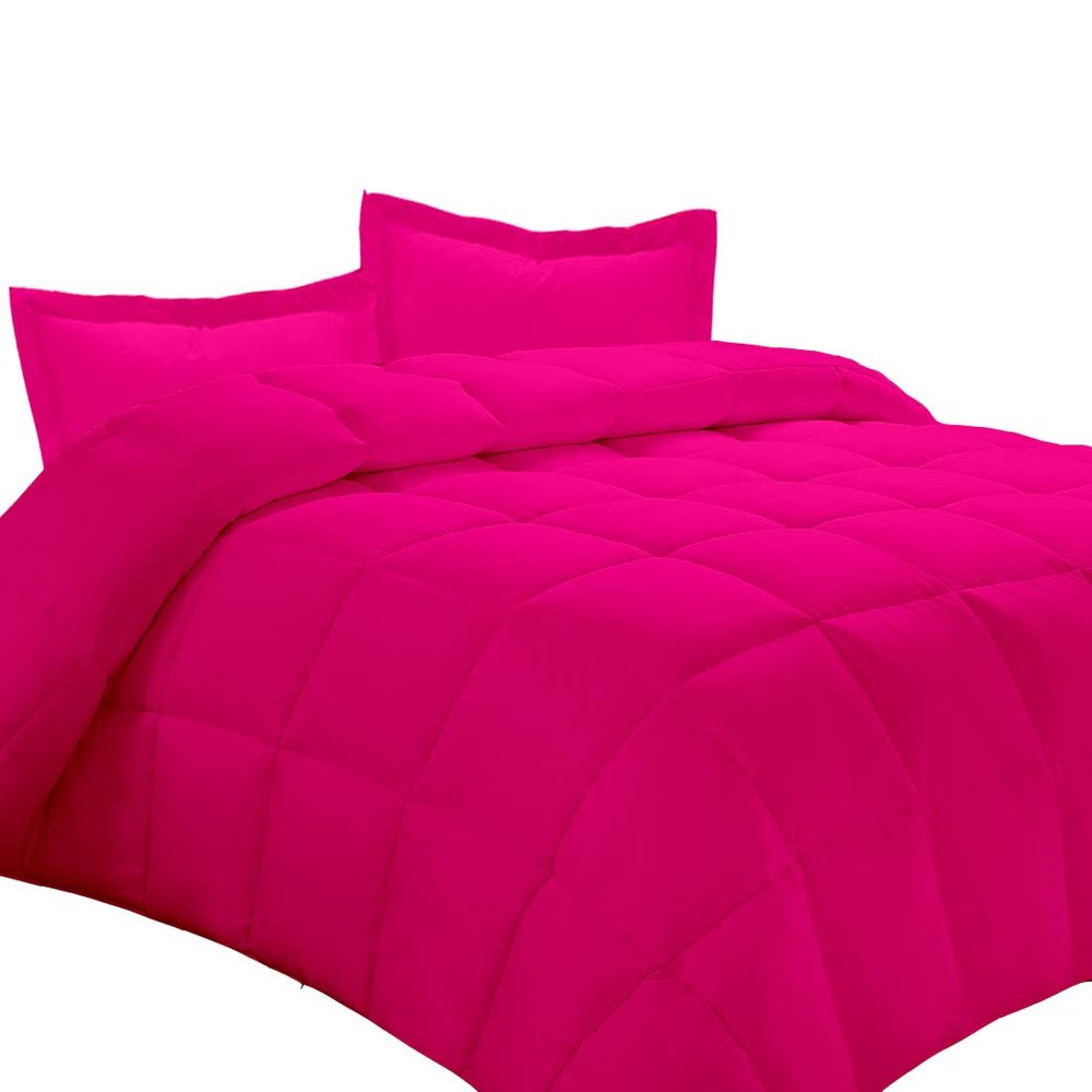 AMAY 100% Egyptian Cotton 3 Piece-All-Season Down Alternative Comforter Set Box Stitched 800 Thread-Count 200 GSM - California King Hot Pink Solid