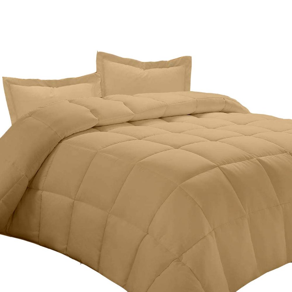 AMAY 100% Egyptian Cotton 3 Piece-All-Season Down Alternative Comforter Set Box Stitched 800 Thread-Count 200 GSM - King Beige Solid