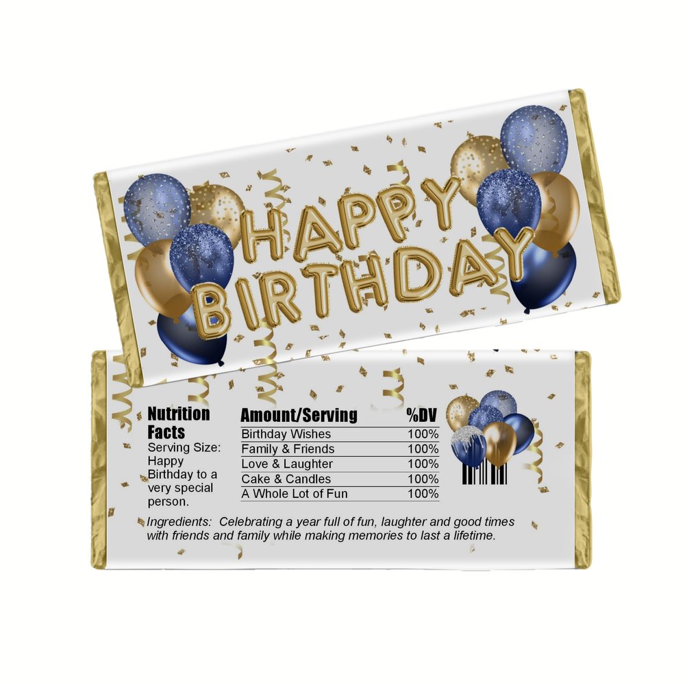 Cathy Wraps DIY Party Favor Kit, Happy Birthday Balloons Candy Bar Wrappers, Chocolate Bar Labels, Pack of 20 (Blue/Gold)