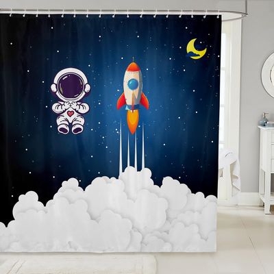 Kids Astronaut Rocket Bath Curtain Cartoon Space Rocket Shower Curtain Galaxy Cosmonaut Spaceman Waterproof Shower Curtains with Hooks Boys Girls Teens Outer Space Bathroom Shower Curtain 72x84 Inch