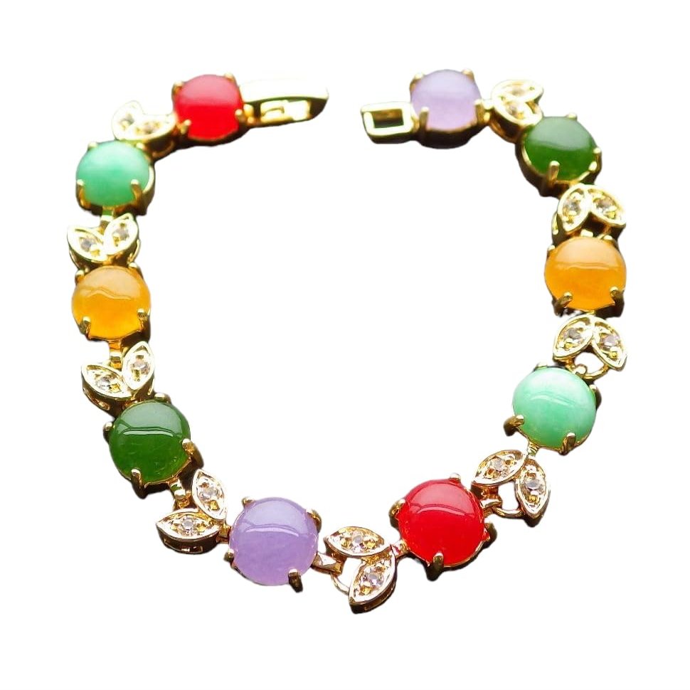 Gold Plate Multi JADE Cabochon Beads Bangle Bracelet Diamond Imitation 100848