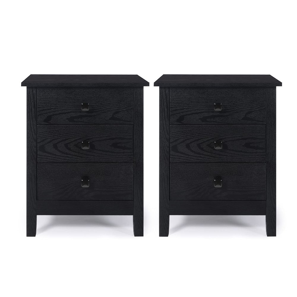 GBU Bedroom Nightstands - Set of 2 Wooden Night Stands with 3 Drawers for Home Bedside End Table Large Storage Furniture, Black Wood Grain 18.11D x 15.75W x 23.62H in