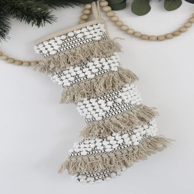 Casa Boho Christmas Stocking Neutral Christmas Stocking Boho Christmas Decor Farmhouse Holiday Stockings Christmas Decorations Boho Stocking Beige Ivory, Sand Pearl, 18 tall