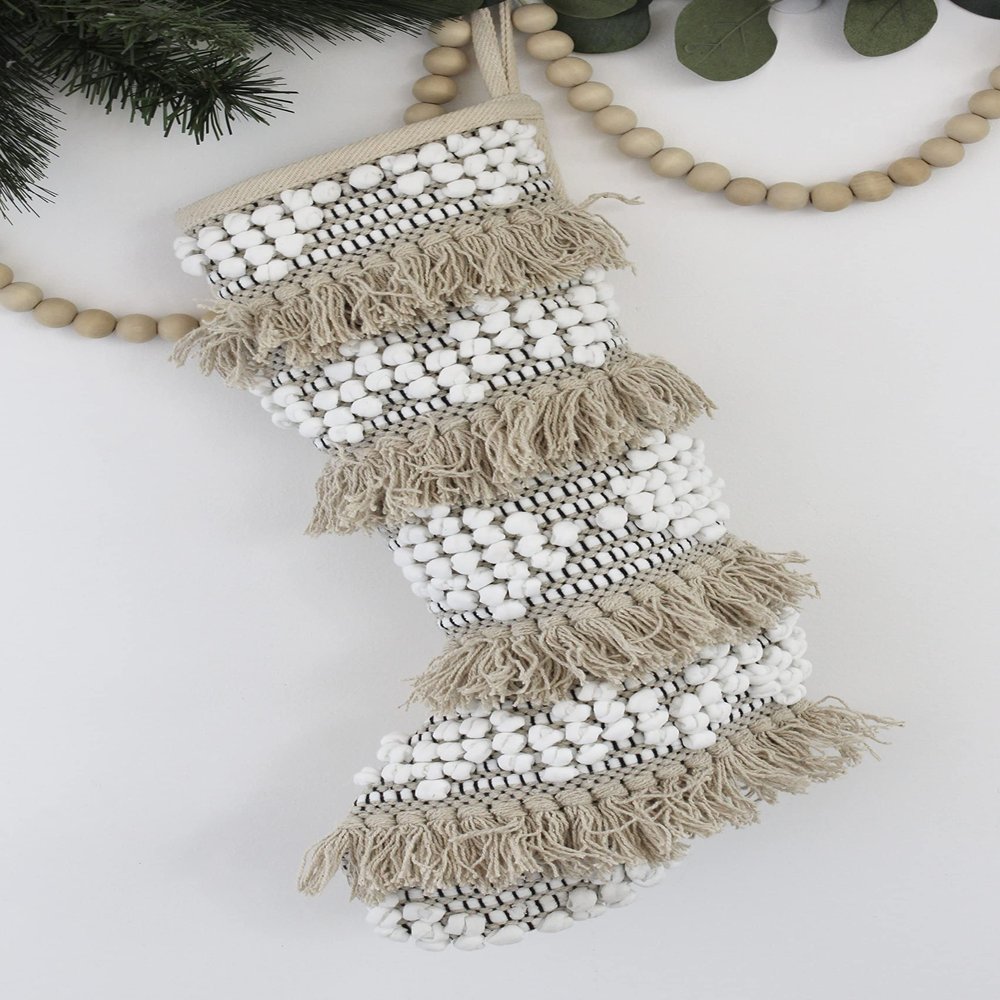 Casa Boho Christmas Stocking Neutral Christmas Stocking Boho Christmas Decor Farmhouse Holiday Stockings Christmas Decorations Boho Stocking Beige Ivory, Sand Pearl, 18 tall