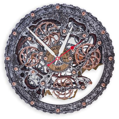 Automaton Bite 1682 ircle "Metal Jacket" Large Wall Clock Moving Gears, Mechanical Silent Wall Art, Home Living Room and Office design, Personalized Engraving Art Gift, Steampunk Loft Antique Decor