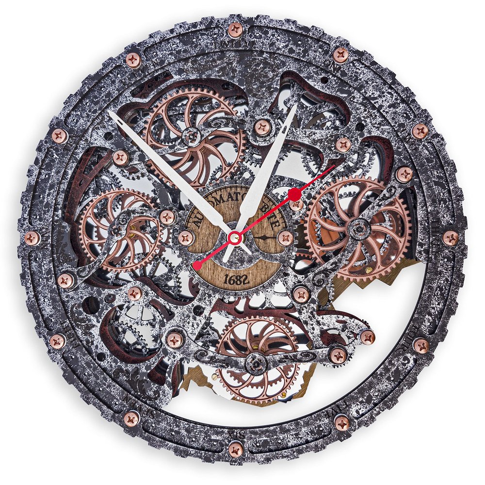 Automaton Bite 1682 ircle "Metal Jacket" Large Wall Clock Moving Gears, Mechanical Silent Wall Art, Home Living Room and Office design, Personalized Engraving Art Gift, Steampunk Loft Antique Decor