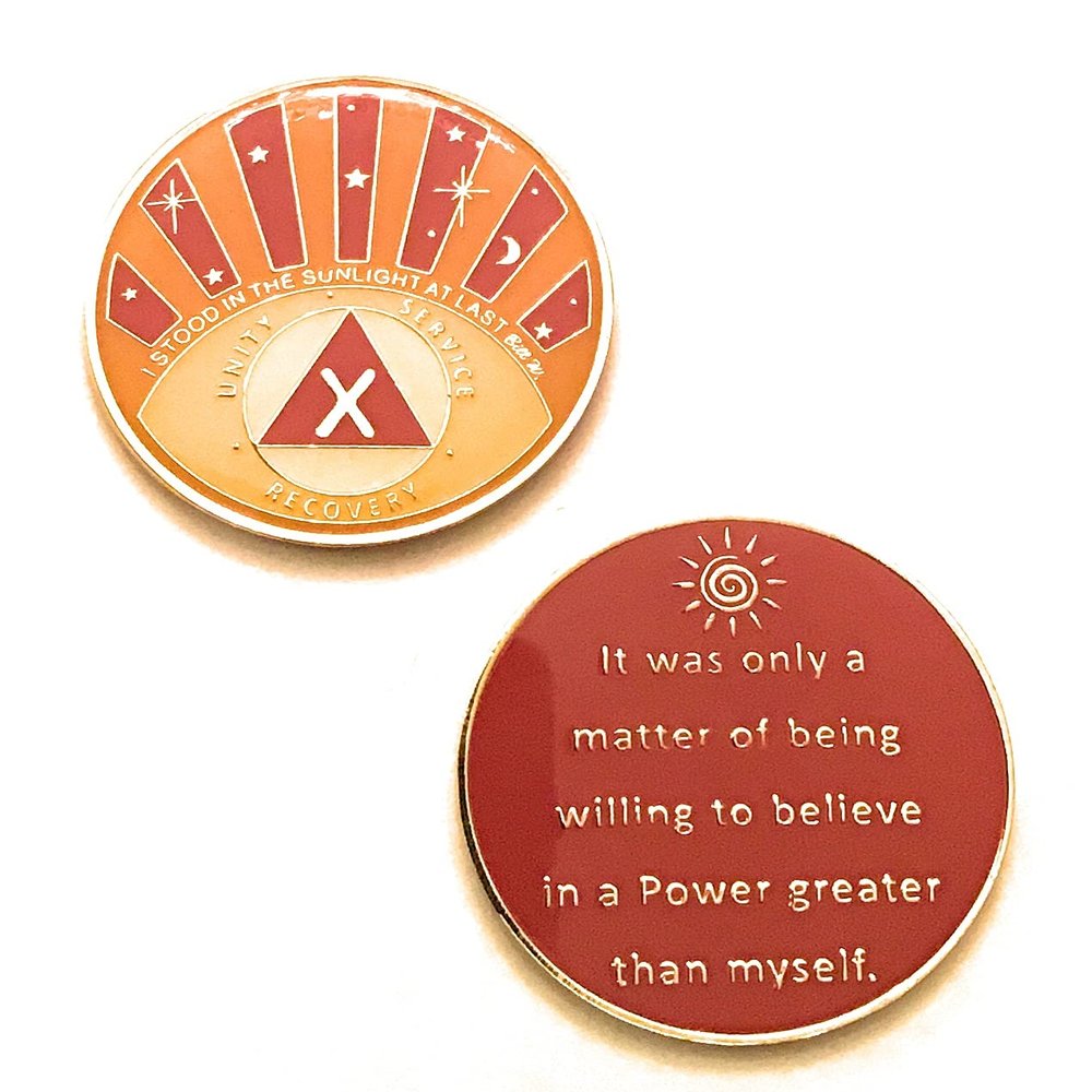 Recovery Line 10 Year AA Medallion, I Stood in The Sunlight, Orange & Yellow Chip, Sobriety Token