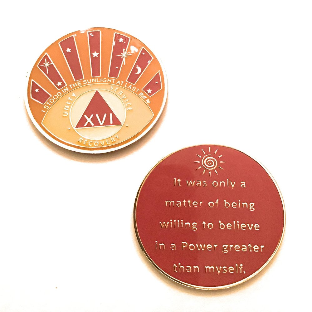 Recovery Line 16 Year AA Medallion, I Stood in The Sunlight, Orange & Yellow Chip, Sobriety Token