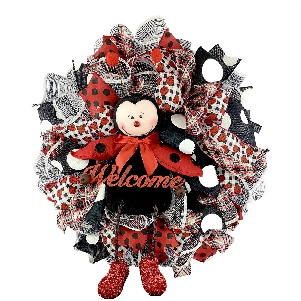 Lady Bug Summer Wreath for Front Door Outside, Lady Bug Welcome Decorations with a Bow
