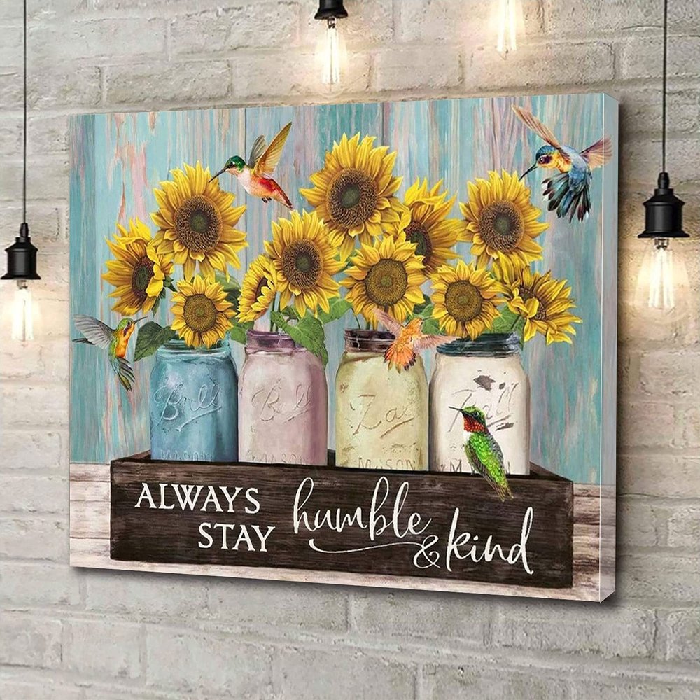 Canvas Wall Art Sunflower Canvas Always Stay Humble And Kind Hummingbird Wooden Style Artwork Wall Art for Living Room Bedroom Bathroom Room Office Decor Framed 16''x24''