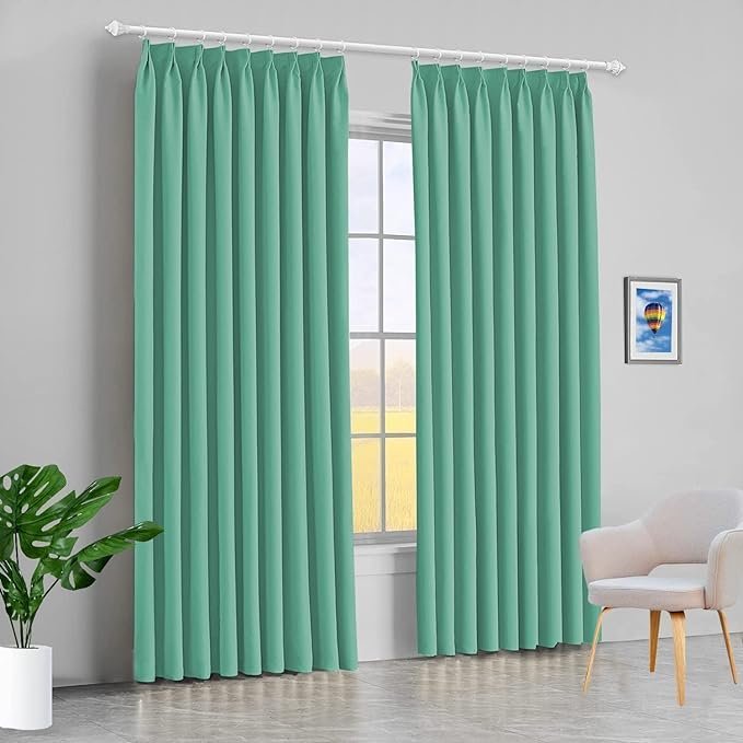 Bhoomi Collection Room Darkening Blackout Double Pinch Pleat Window Curtains with Hooks and Tie Back (Seafoam Green, 60 Inch by 84 Inch- 1 Panel)