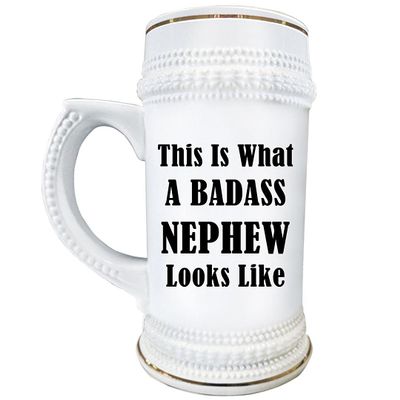 Art by Chelsydale Gifts for Badass Nephew Beer Stein Mug - 22oz White Ceramic Drinkware - Funny Cute Gag Idea from Uncle Aunt Family Reunion Birthday - Looks Like