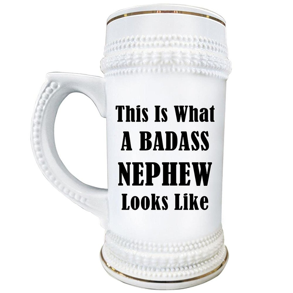 Art by Chelsydale Gifts for Badass Nephew Beer Stein Mug - 22oz White Ceramic Drinkware - Funny Cute Gag Idea from Uncle Aunt Family Reunion Birthday - Looks Like