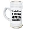 Art by Chelsydale Gifts for Badass Nephew Beer Stein Mug - 22oz White Ceramic Drinkware - Funny Cute Gag Idea from Uncle Aunt Family Reunion Birthday - Looks Like view 1