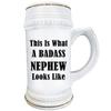 Art by Chelsydale Gifts for Badass Nephew Beer Stein Mug - 22oz White Ceramic Drinkware - Funny Cute Gag Idea from Uncle Aunt Family Reunion Birthday - Looks Like view 2