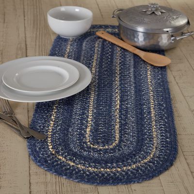 VHC Brands Farmhouse Great Falls Blue Table Runner, Blue White, Jute Blend, Oval, 13x36 Inches
