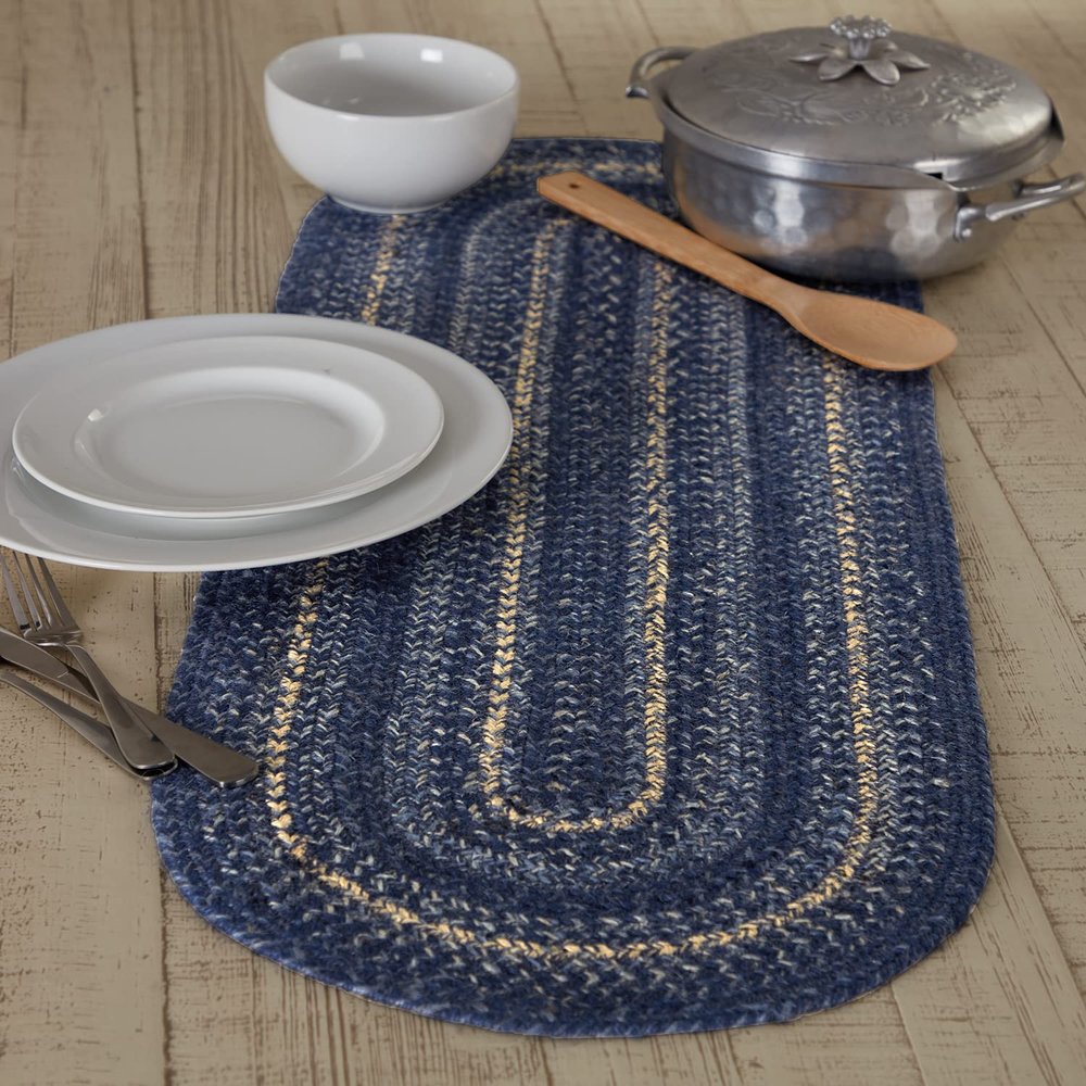 VHC Brands Farmhouse Great Falls Blue Table Runner, Blue White, Jute Blend, Oval, 13x36 Inches