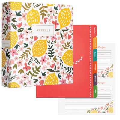 Jot & Mark 8.5" x 9.5" 3 Ring Recipe Binder with 50 Matching 4x6 inch Recipe Cards, 25 Top & Bottom Binder Sleeve Sheet Protector, 5 Full-Page Undivided Sleeves, 6 Sturdy Divider Tabs, Summer Citrus