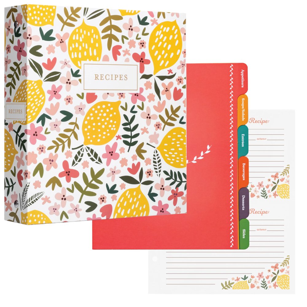 Jot & Mark 8.5" x 9.5" 3 Ring Recipe Binder with 50 Matching 4x6 inch Recipe Cards, 25 Top & Bottom Binder Sleeve Sheet Protector, 5 Full-Page Undivided Sleeves, 6 Sturdy Divider Tabs, Summer Citrus