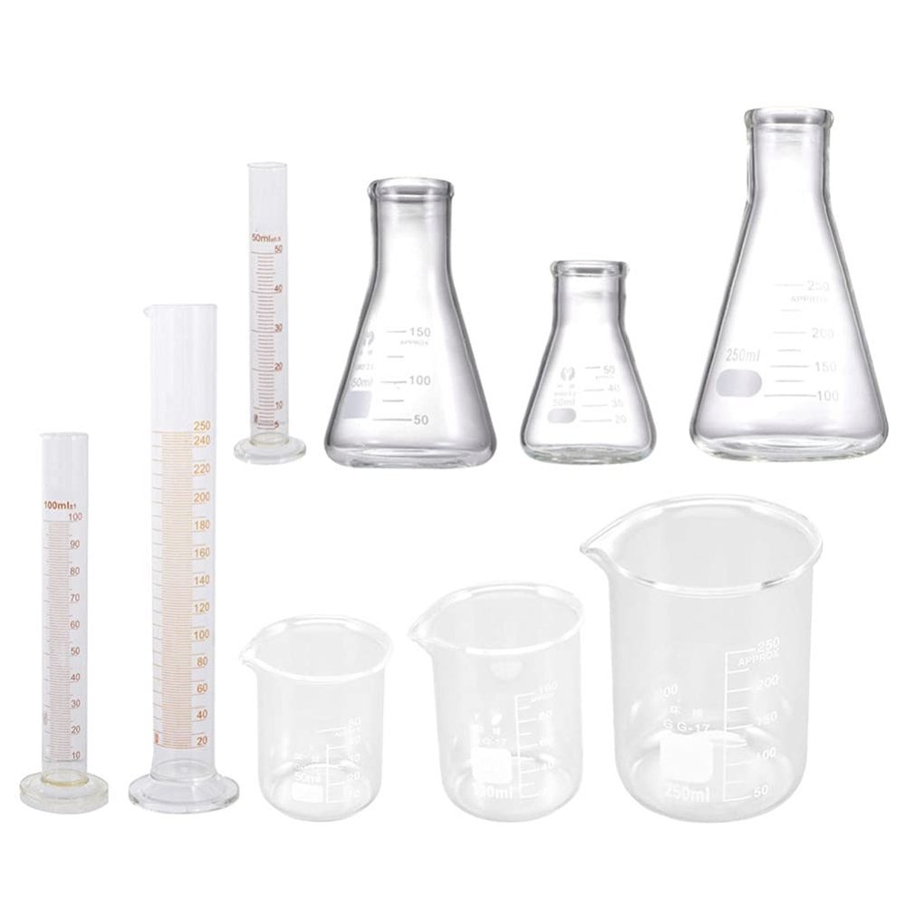 iplusmile 9pcs Utensil Set 100 Ml Measuring Cylinder Scientific Measuring Cups Ml Measuring Cup for Beaker Flask Cylinder Chemistry Lab Erlenmeyer Flasks Triangle Toolkit Glass