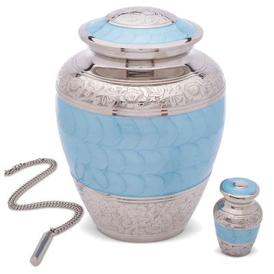 Light Blue Urns for Human Ashes - Adult Male & Female - Handcrafted Large & Small Urns - Keepsake Along with A Cremation Necklace