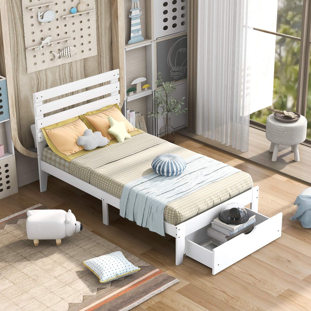 Actual Twin Size Platform Bed with Drawer, Wooden Platform Bed Frame for Kids, Easy to Assemble, No Box Spring Needed (White + Twin)