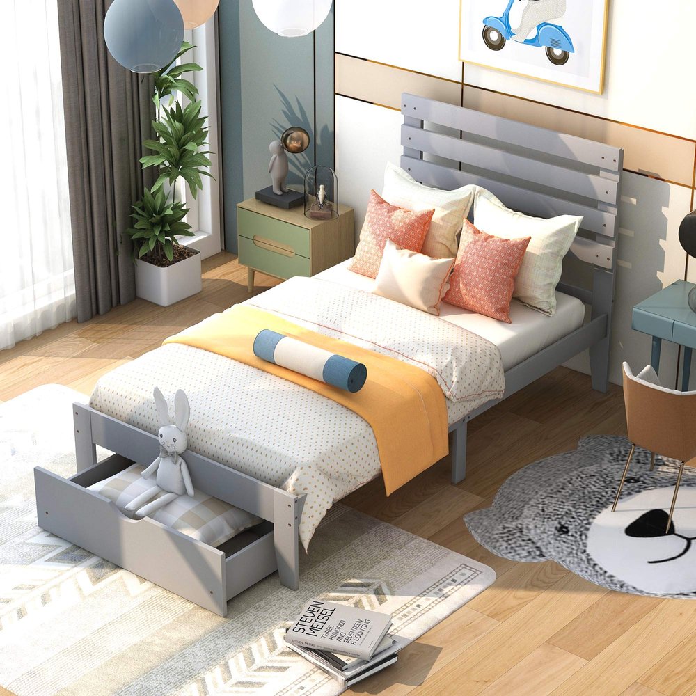 Actual Twin Size Platform Bed with Drawer, Wooden Platform Bed Frame for Kids, Easy to Assemble, No Box Spring Needed (Gray + Twin)