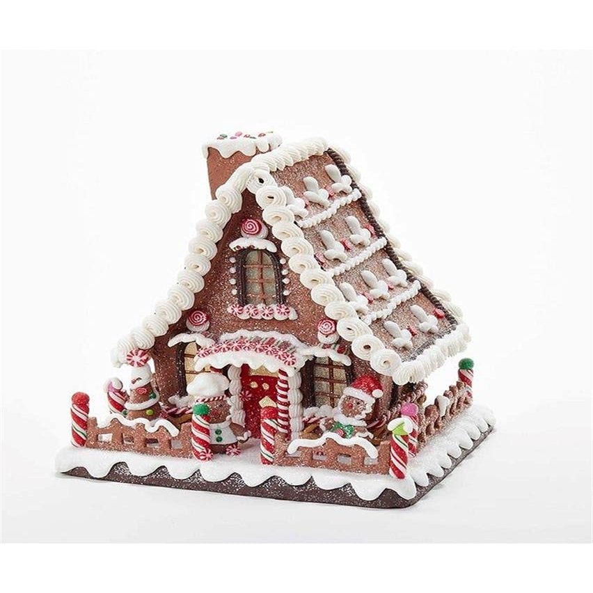 Roses and Mistletoe 10" Gingerbread Men Candy Chalet Polymer Clay House with Light
