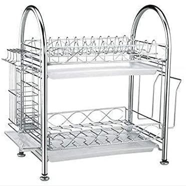 WHLMYH Modern Stainless Steel Kitchen Shelf,Dish Drainer Double Plate Rack Drainer for Kitchen, 2 Tier Dish Rack Holder Kitchen Shelf Kitchen Storage Rack Spice Rack